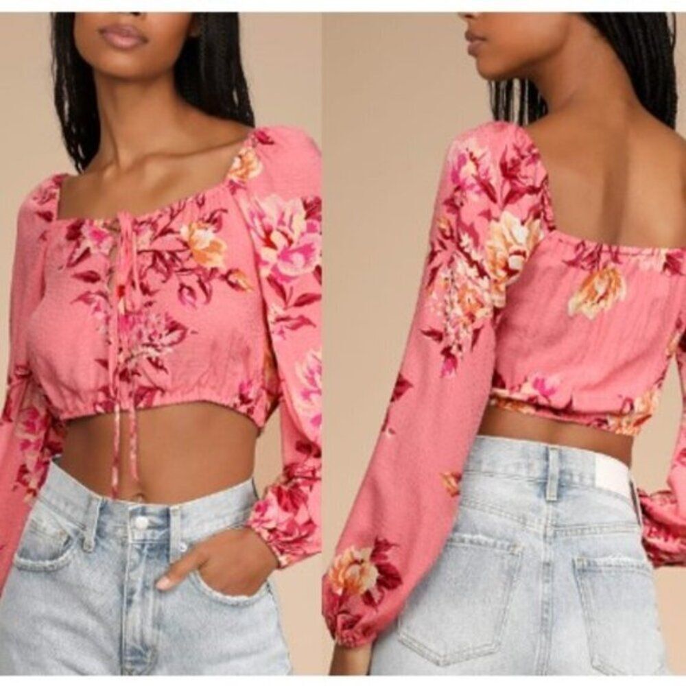 Lulus Women's Pink Floral Print Lace-Up Crop Top